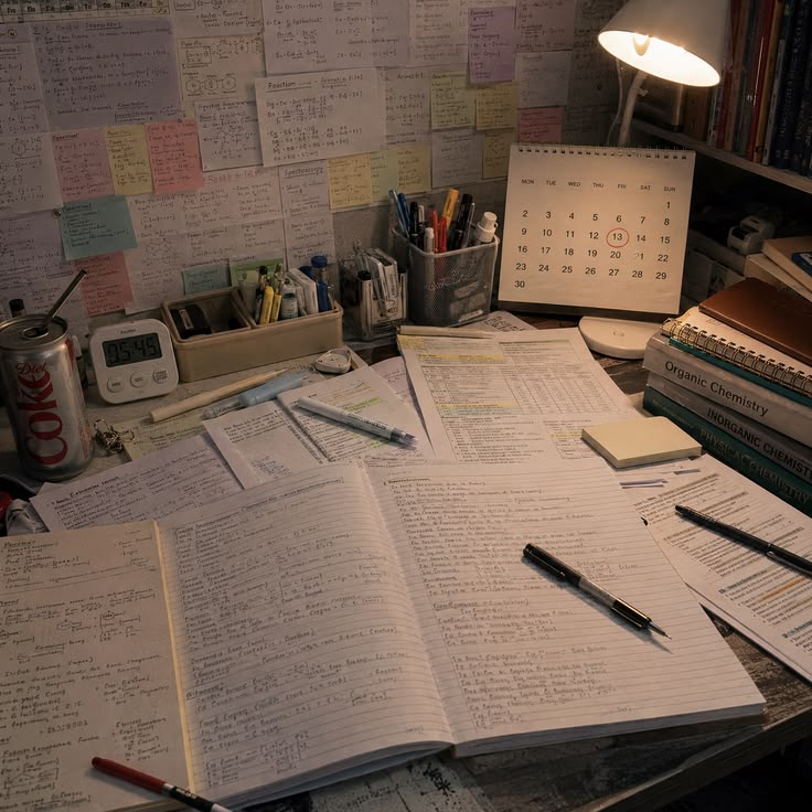 A writer's desk with an open notebook, pens, and study notes